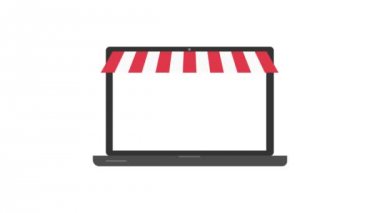 Online alışveriş. Dijital Pazarlama, mağaza, E-ticaret alışveriş konsepti. Satın alma düğmesi ile dizüstü bilgisayar ekranı üzerinde çizgili tente.