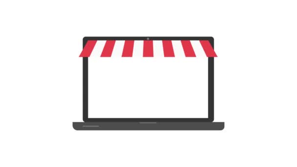 Obchod online. Digitální marketing, obchod, obchodní koncepce elektronického obchodu. Prokládaný Val přes obrazovku přenosného počítače s tlačítkem koupit.