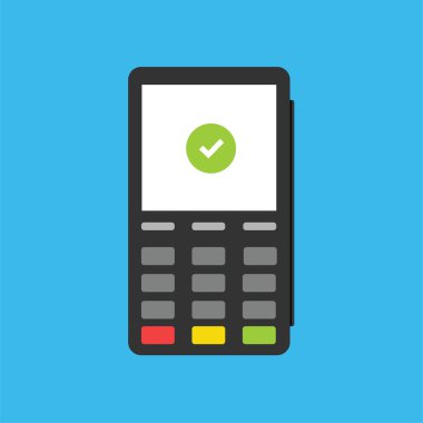 Düz tasarım Pos terminali. Ödeme onayladı. Vektör çizim.