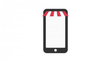 Online shop. Digital Marketing, store, E-commerce shopping concept. Striped awning over smartphone screen with buy button.