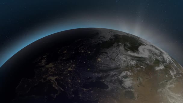 Высоко Детализированный Красивый Восход Солнца Над Европой Ночными Городами Космоса — стоковое видео