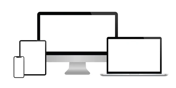 Set di desktop realistici, laptop, tablet e telefono cellulare con schermo vuoto isolato su sfondo trasparente. Può essere utilizzato per la presentazione del modello. Gadget elettronici, Risvegli vettoriali dei dispositivi alla moda — Vettoriale Stock