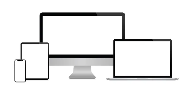 Gerçekçi masaüstü, dizüstü bilgisayar, Tablet ve cep telefonu ile boş ekran üzerinde şeffaf arka plan izole kümesi. Şablon tanıtımı için kullanabilirsiniz. Elektronik becerikli alet, Trendy cihazların vektör örnekler — Stok Vektör