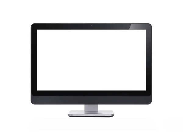 Attrappe eines modernen Desktop-Computers mit leerem weißen Bildschirm auf weißem Hintergrund. — Stockfoto