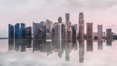Bir nehir binaların yansımaları ile Singapur City Güzel Skyline. Singapur iş bölgesi görünümü. 4k Uhd. Kamera Hareketini Yakınlaştır.