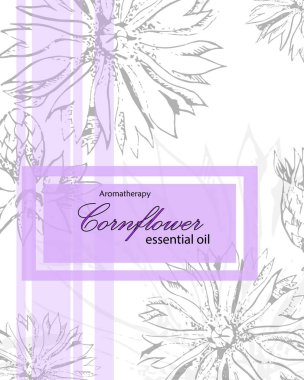 cornflower çerçeve ile Kozmetik yağı için şablon kapak. Spa kavramı. Menekşe arka plan