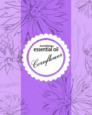 cornflower yuvarlak çerçeve ile Kozmetik yağı için şablon kapak. Spa kavramı. Menekşe arka plan