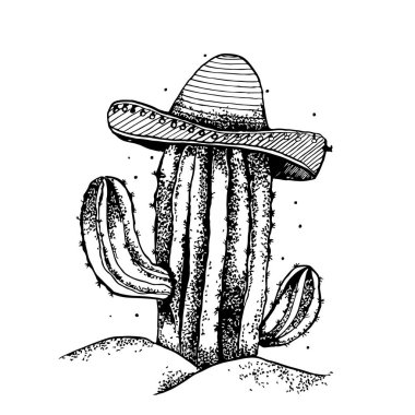 El kaktüs vektör çizim içinde Meksika Meksika şapkası çizilmiş.