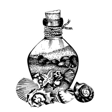 Konsept tatil vektör Illustration sahilde. deniz kum, deniz kabuklarını şişe içine