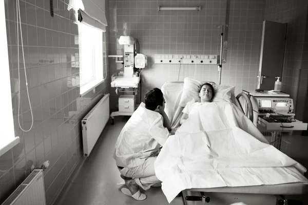 Husband Sits Bed His Pregnant Wife Holds Her Hand Maternity — Stock Photo, Image