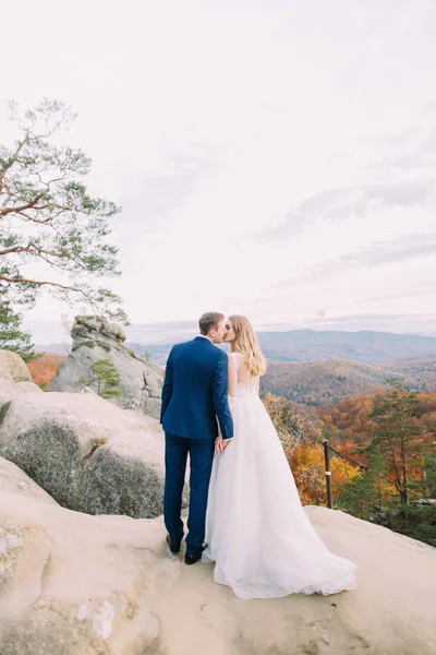 Sararmış orman öpüşme yeni evli çift, arka plan arkadan görünüm. — Stok fotoğraf