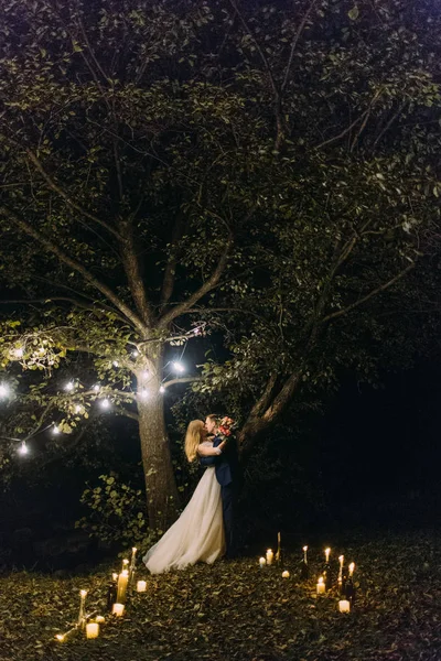 在装饰着花环灯的树下亲吻新婚夫妇的全长照片. — 图库照片