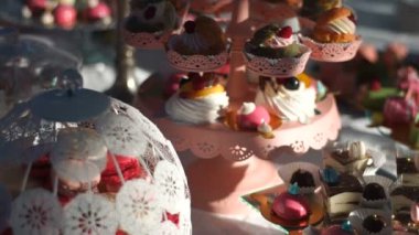 Yakın çekim düğün çikolata genel bakış. Doğum günü tatlı Resepsiyon farklı renkli ve lezzetli şeker, kurabiye ve kek dolu macarons ve meyve ile dekore edilmiş