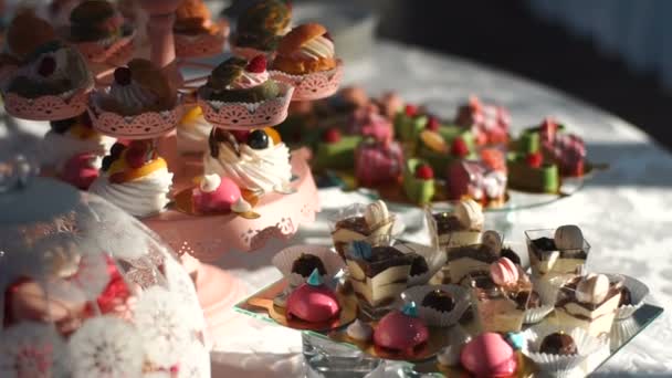 Recepção de doces de casamento cheia de diferentes bolos coloridos e biscoitos decorados com frutas e macarons . — Vídeo de Stock