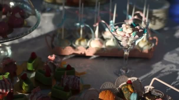 Recepción de dulces de boda. Descripción general de deliciosos pastelitos de colores y malvavisco en el vaso . — Vídeo de stock