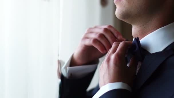 Vista lateral close-up do noivo calmo hadsome ajustando seu laço azul perto da janela . — Vídeo de Stock