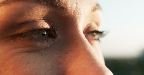 Vista lateral close-up dos belos olhos femininos com maquiagem natural. A menina está sorrindo e piscando. Filmagem 4k . — Vídeo de Stock