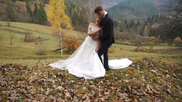 Ambiance romantique du couple amoureux de jeunes mariés serrant doucement dans les montagnes en automne. Le marié embrasse son nez d'amant . — Video