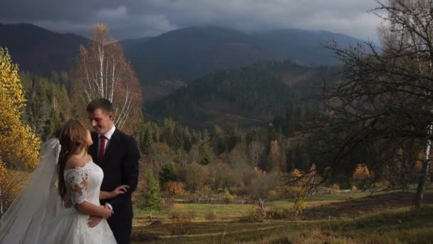 Retrato de medio cuerpo de los jóvenes y atractivos recién casados abrazándose al fondo de las hermosas montañas en otoño . — Vídeo de stock