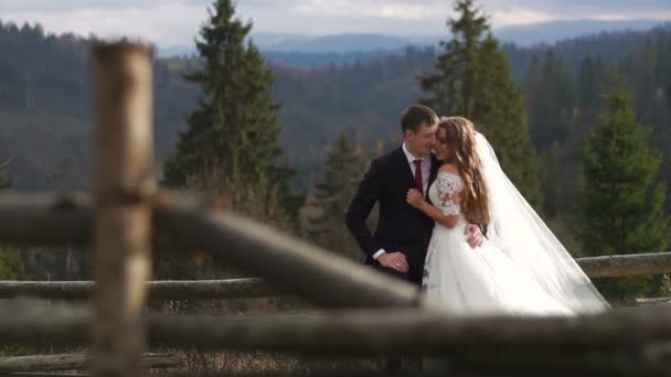 Gülümseyen yeni evli çift aşık şaşırtıcı birbirlerine zevk ve şefkatle altın dağlarda sarılma. — Stok video