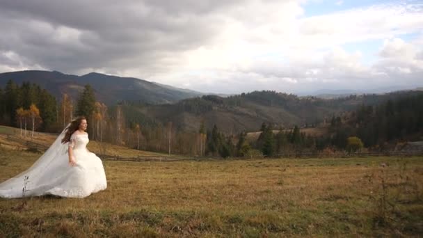 Full-length pohled okouzlující stylový nevěsty v dlouhých šatech šťastně běží podél zlatá louka v horách. — Stock video