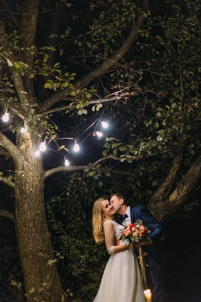 Foto vertical do noivo beijando a noiva na bochecha abaixo da árvore com lâmpadas de guirlanda . — Fotografia de Stock
