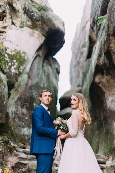 Portrait à mi-longueur des jeunes mariés regardant de côté tout en se tenant sur les rochers . — Photo