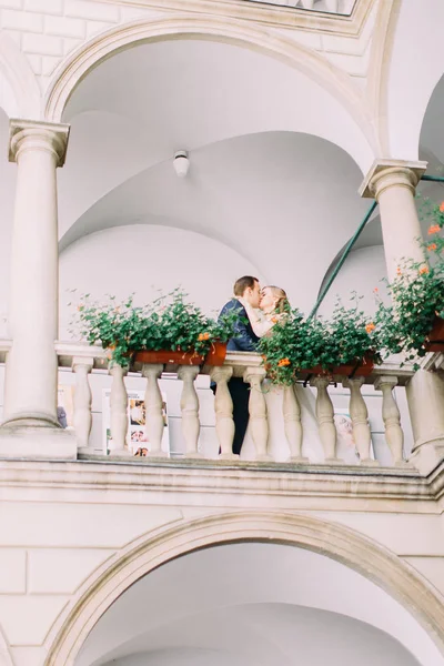 Beijar recém-casados na varanda decorada com flores . — Fotografia de Stock