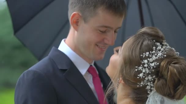 Sonriente pareja de recién casados enamorados se frota tiernamente las narices bajo el paraguas bajo la lluvia. Retrato lateral de primer plano . — Vídeos de Stock