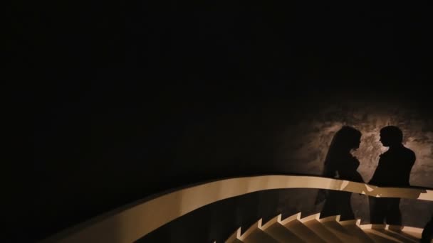 Deux silhouettes du couple amoureux s'embrassant tendrement dans les escaliers. Vue des ombres . — Video