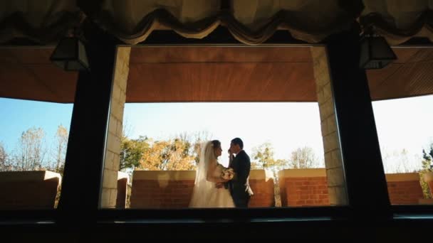 Patrzeć przez okno na piękne atrakcyjna para nowożeńcy czule trzymając się za ręce i Całowanie na tarasie. — Wideo stockowe