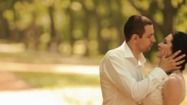 Birbirimizi güneşli parkta zevk çekici yeni evliler hassas yan portresi. Damat şefkatle gelinin yüzünü okşayarak.
