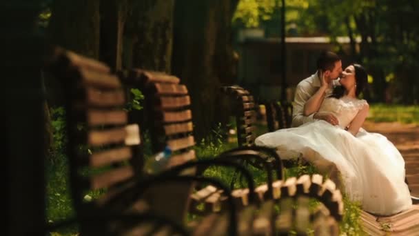 Charmante gelukkig pasgetrouwden zijn zoenen op de Bank in zonnig park. — Stockvideo