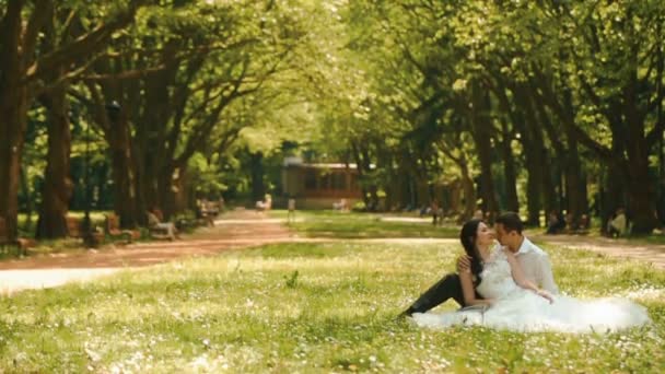 Fullängds vy över det unga vackra paret nygifta sitter på gräset och njuter av varandra. Brudgummen mjukt kysser bruden i huvud. — Stockvideo