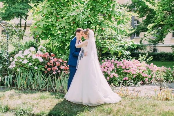Vue horizontale du couple heureux nouvellement marié passant du temps dans le jardin . — Photo