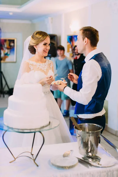 Lächelndes Brautpaar füttert sich gegenseitig mit der Hochzeitstorte. — Stockfoto