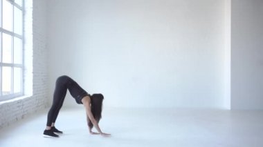 Egzersizler kadar ısınma. Sportif esmer beyaz Studio dört ayak üzerinde çalışıyor. 4k.