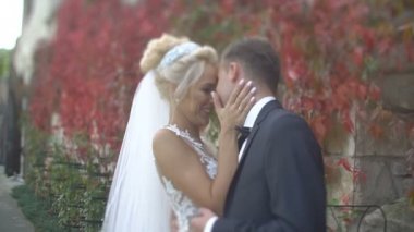 Hassas şefkatle çekici sevgilisi yanak duvarı okşayarak muhteşem sarışın gelin portresi ile Kırmızı sarmaşık kaplı.