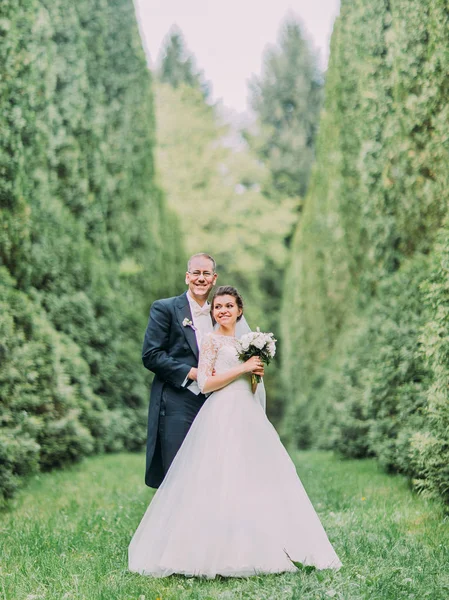 The groom is hugging the brife back in the garden with high bushes. — Stock Photo, Image