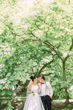 Yeşil ağaç altında duran neşeli yeni evliler varoluş görünümünü.