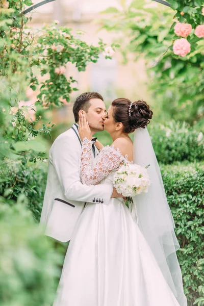 Felice baci sposi sotto l'arco rosa . — Foto Stock