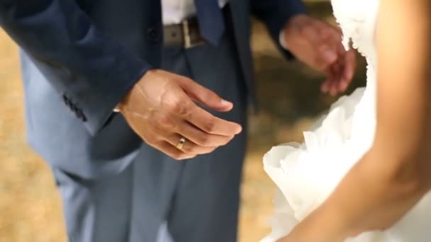 Unbekanntes Brautpaar. Braut im langen Brautkleid kommt zum Bräutigam und umarmt ihn zärtlich. — Stockvideo