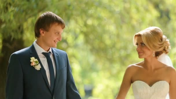 Красива весільна пара в стильному одязі ніжно цілується в сонячному парку . — стокове відео