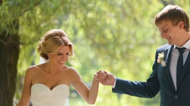 Retrato de la pareja alegre y atractiva recién casados tomados de la mano mientras caminan por el soleado parque y se besan tiernamente. Encantadora novia rubia sostiene el ramo de rosas de la boda . — Vídeo de stock