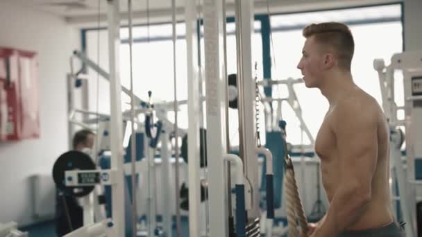 Vista lateral no atleta atlético muscular com torso nu treinando seu tríceps na estação de fitness no ginásio. Conceito de saúde e desporto. 4k . — Vídeo de Stock