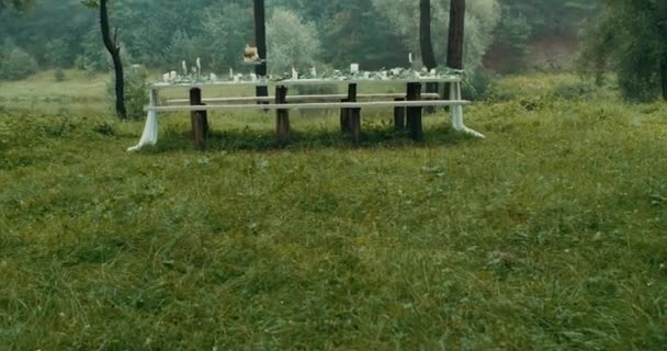 Cena romántica servida para dos personas cerca del río en madera brumosa. La mesa está llena de flores, hojas y velas. Sabroso pastel de dos niveles en la mesa. 4k . — Vídeo de stock