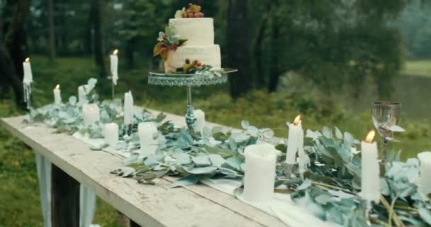 Όμορφη Διακόσμηση Για Ρομαντικό Δείπνο Στο Ομιχλώδες Δάσος Τραπέζι Γεμάτο — Αρχείο Βίντεο