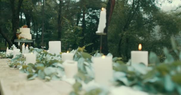 Dîner romantique servi pour deux dans une forêt brumeuse et mystérieuse. Belles décorations : bougies, feuilles, fleurs et beau gâteau à deux niveaux avec des baies. 4k . — Video