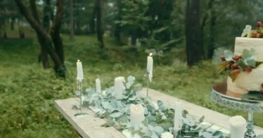 Romantik tarih tarzı tablo ve güzel görünümü. Yıldırım mumlar, leves, çiçekler ve lezzetli kek iki katmanlı ile kaplıdır. 4 k görüntüleri.