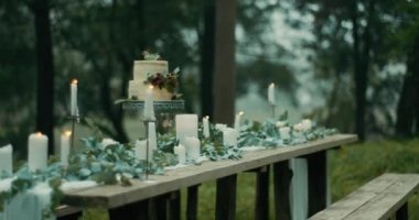 Tablo sisli ormanda romantik akşam yemeği için devam eder. Dekor harika ayrıntılarını: yapraklar, çiçekler, mumlar ve iki katmanlı kek çilek ile. 4 k görüntüleri.